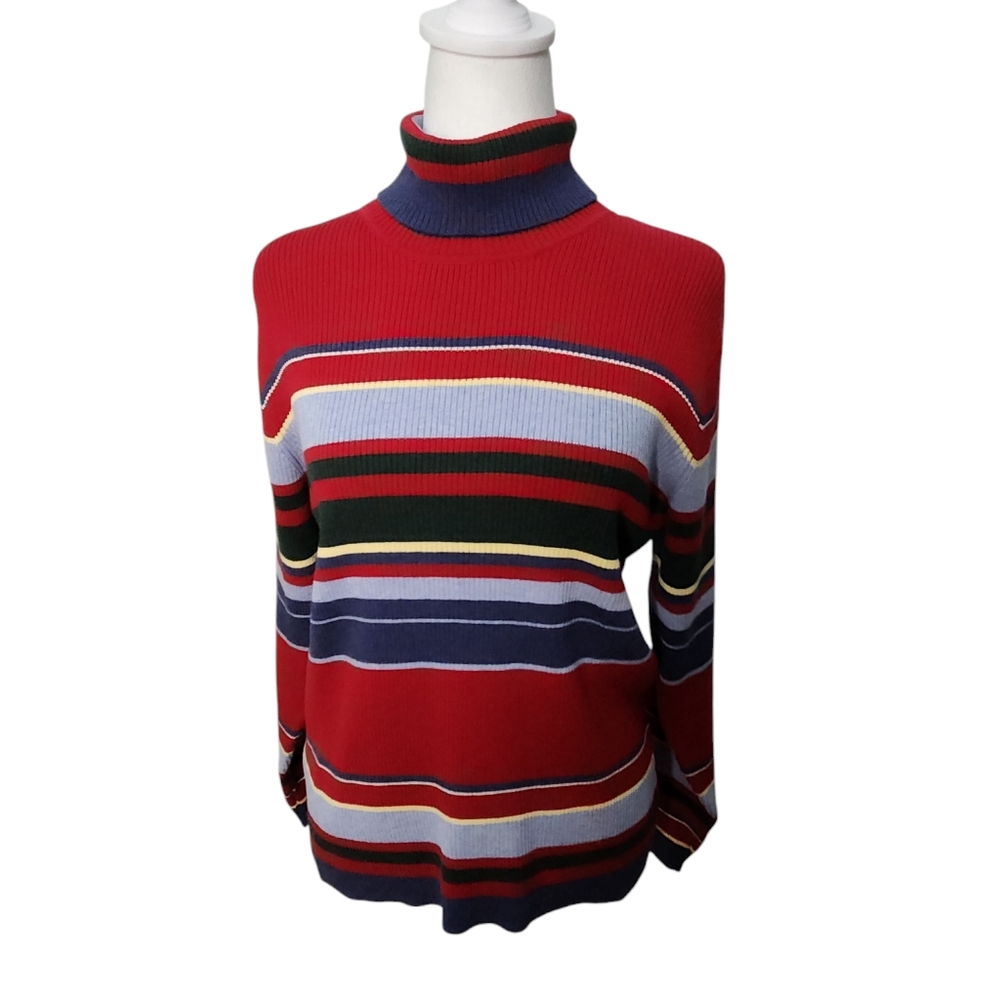 Talbots Stripe Turtleneck Sweater Blue Burgundy Yellow White  Size Large‎